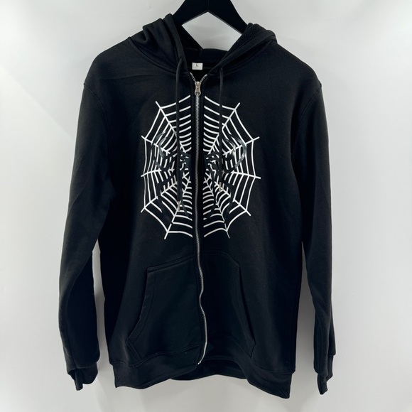 Jackets & Blazers - Black Zip-Up Hooded Jacket – Size Large, Spider & Web Graphic